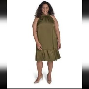NWT Vince Camuto Satin Ruffle A Line Cocktail Dress Olive Green Size 20W